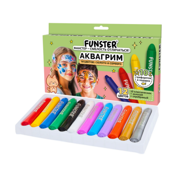 Аквагрим для лица и тела 12 цветов 10 трафаретов FUNSTER