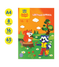 Цветная бумага офсетная А4, Мульти-Пульти, 16л., 8цв., в папке, 'Приключения Енота'